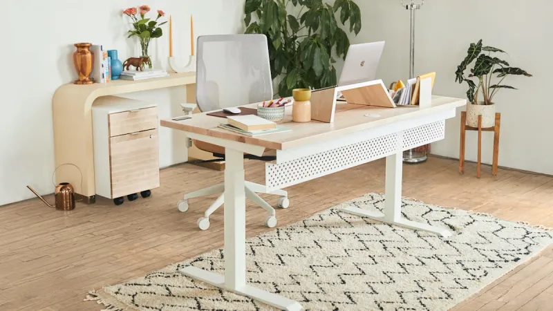 Laptop on a white desk beside plants in a bright office workspace.
