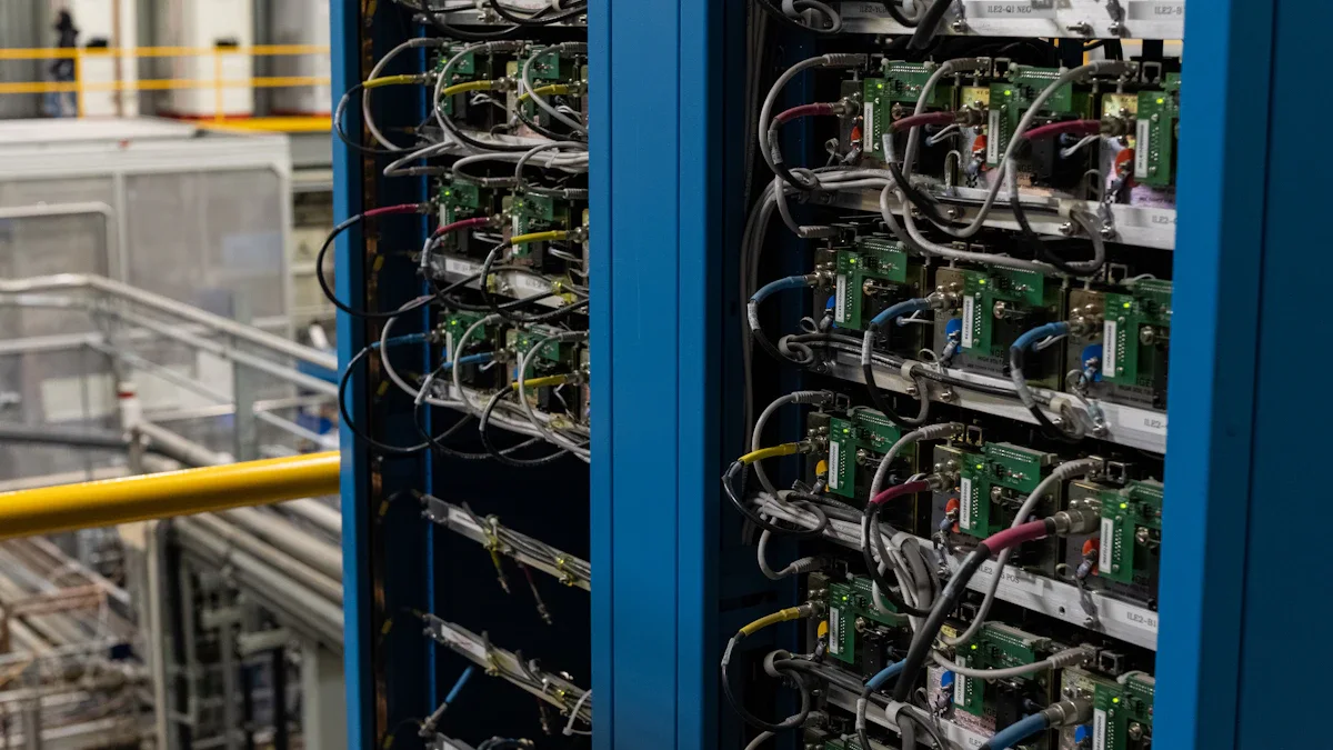 Server racks containing electronic components, connected cables and computing equipment.