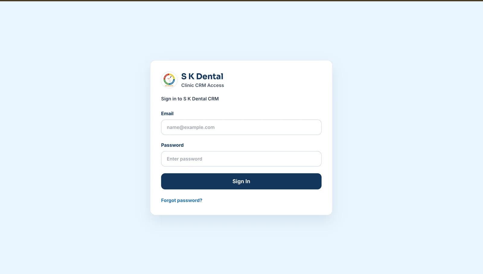Actual S K Dental CRM sign-in screen. No private patient data shown.